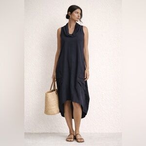 For Cynthia Linen Blend Cowl Neck Dress | Navy Blue | Asymmetrical Hem |